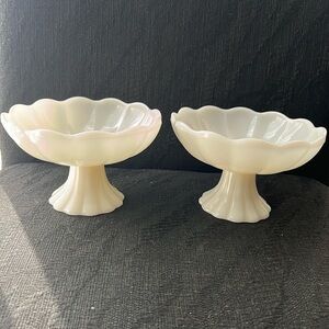 White Milk Glass Compote Bowls or Candy Dishes w/ Scallop Pattern - Set of 2
